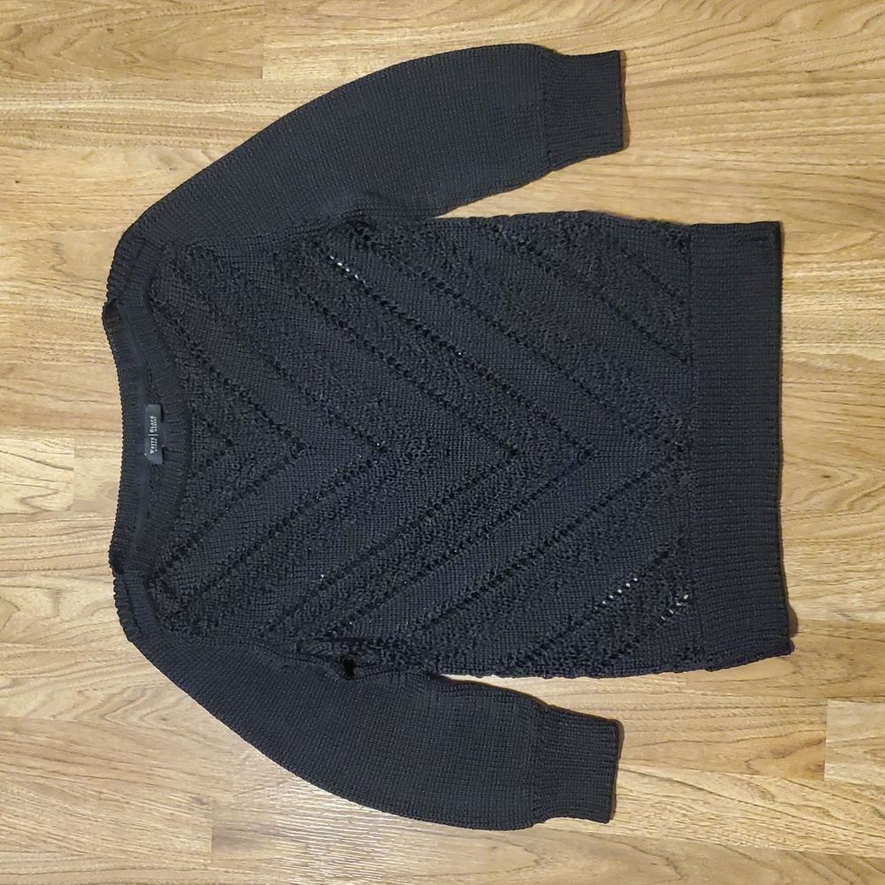 White House Black Market Black Boatneck Open Stitch 3/4 Sleeve Sweater Womens M